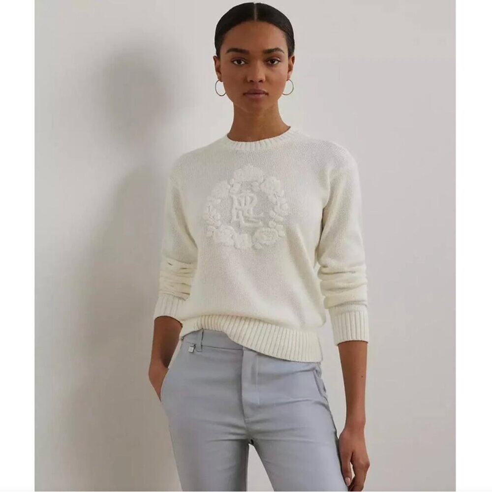 Ralph Lauren Women's Floral-Logo Combed Cotton Sweater Size 2XL